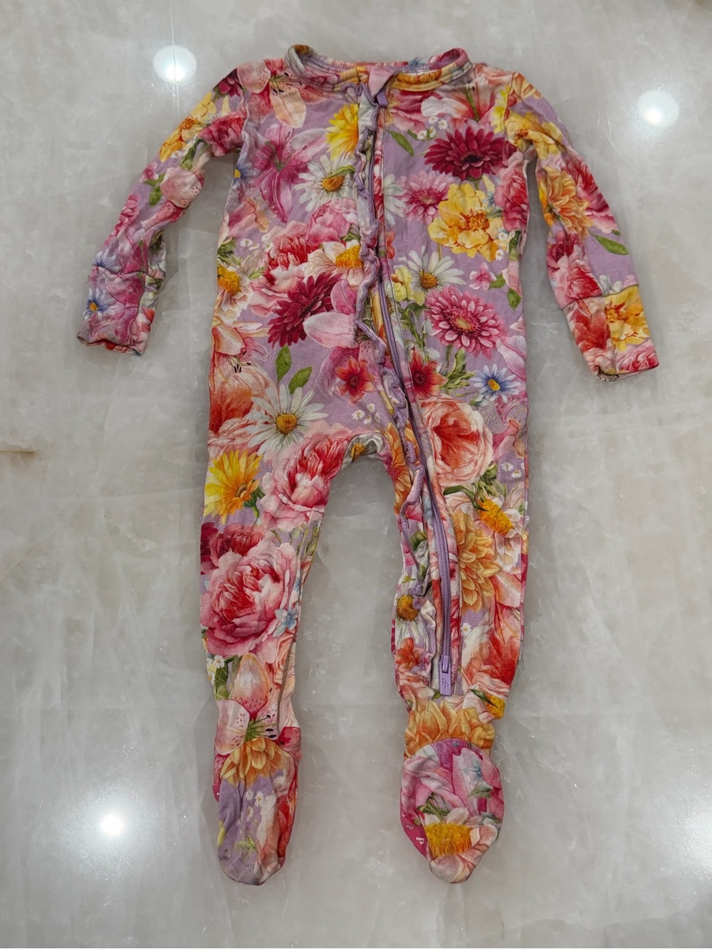 Posh Peanut Floral Footed One-Piece - Pink, Yellow & Green